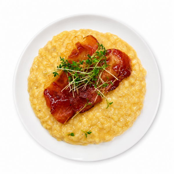 Risotto with saffron, porcini mushrooms and duck bacon
