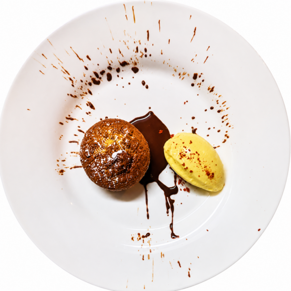 Apple poppy seed tartlet with chocolate sauce, homemade vanilla ice cream with miso caramel