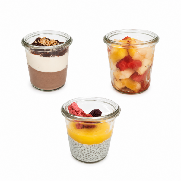 Dessert buffet consisting of 3 components in a preserving jar