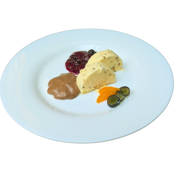 Nut Brittle Semifreddo with Chocolate Foam and Wild Berries