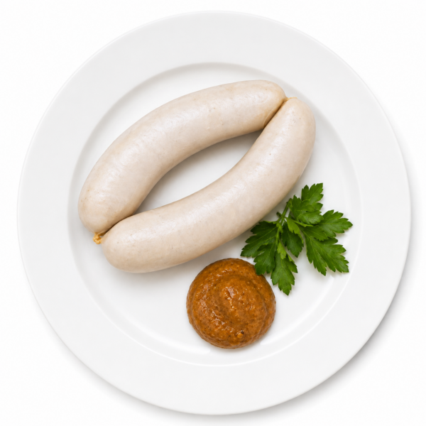 Weisswurst with sweet mustard and pretzel bread