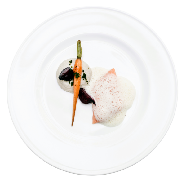 Salmon trout with white wine foam, parsley root puree and root vegetables
