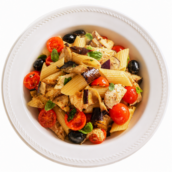 Pasta salad with grilled vegetables, basil, Taggiasche olives, and mozzarella