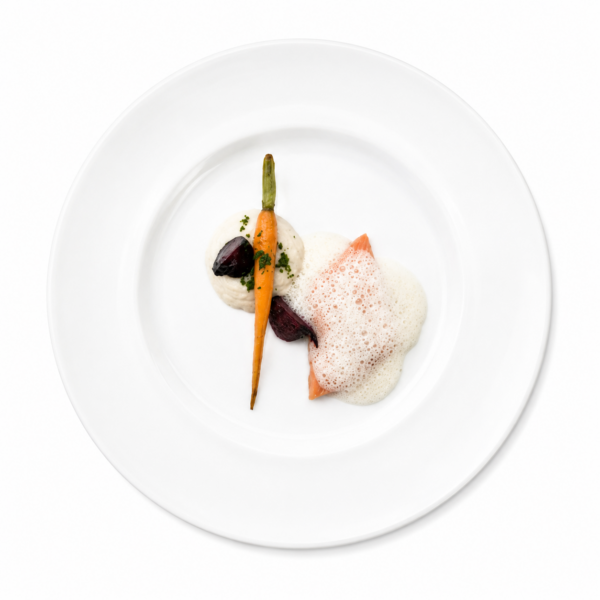 Salmon trout with white wine foam, parsley root puree and root vegetables