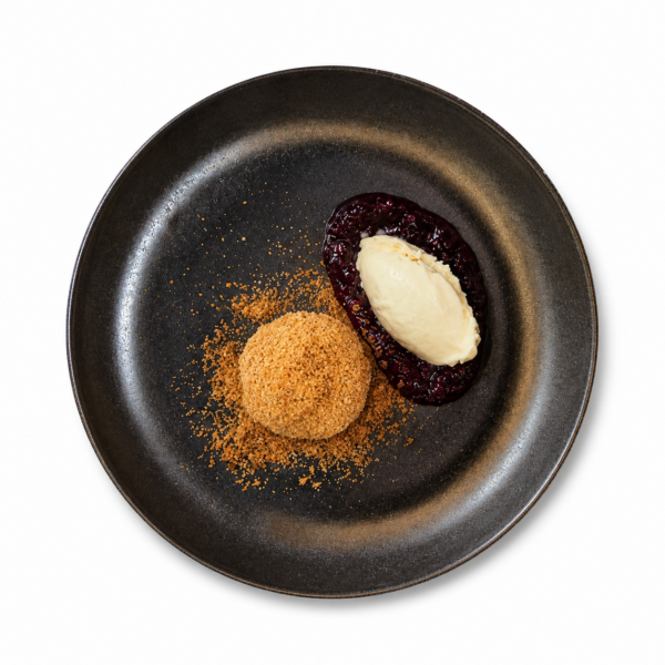 Potted nougat dumplings with forest fruit ragout and homemade vanilla ice cream