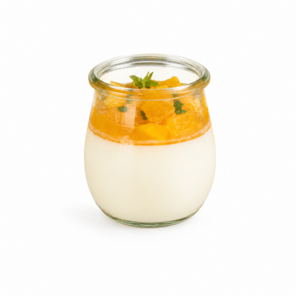 White chocolate coffee mousse with fruit chips in a jar