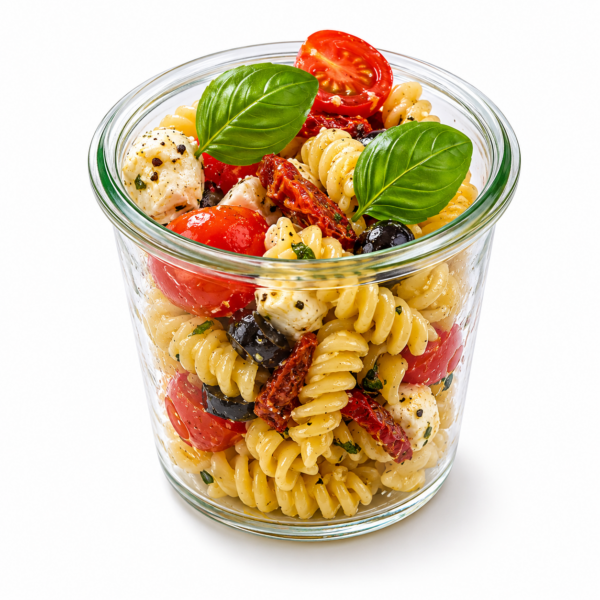 Pasta salad in a jar with grilled vegetables, basil, Taggiasche olives, and Feta