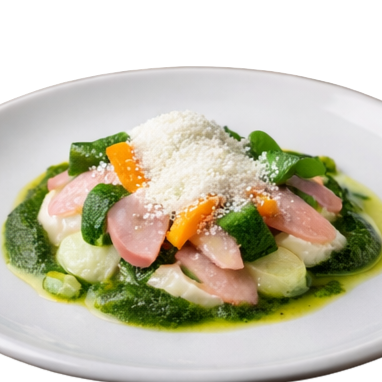 Ceviche of local Arctic char with kimchi, fermented asparagus, spinach cream, and lime foam