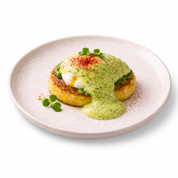 Sfoglie di patate con uovo bio in camicia su asparagi arrostiti, schiuma all'aglio orsino e crescione