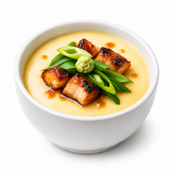 Cavanmushi (japanischer Eierstich) mit Garnelen, Huhn, Shoyu, Frühlingszwiebel und hausgemachtem Katsuobushi vom Bozner Wels