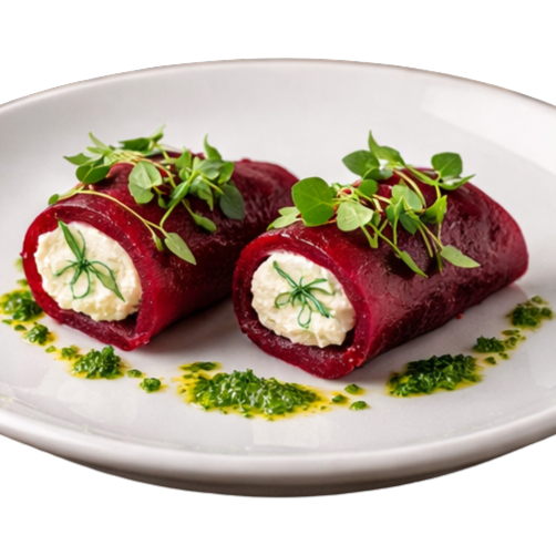Beetroot rolls with creamy cheese, herbs, and cress