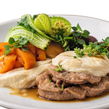 Punta di petto di vitello nostrano con purè di pastinaca, carote glassate e chips alle erbe