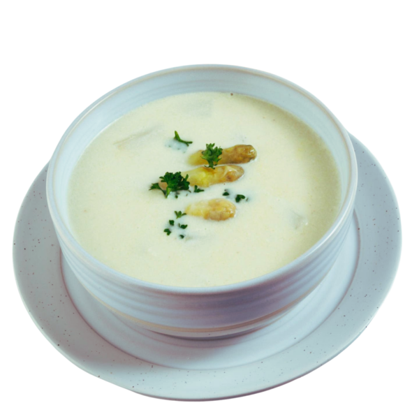 Creamy asparagus soup with pickled radishes and chive oil