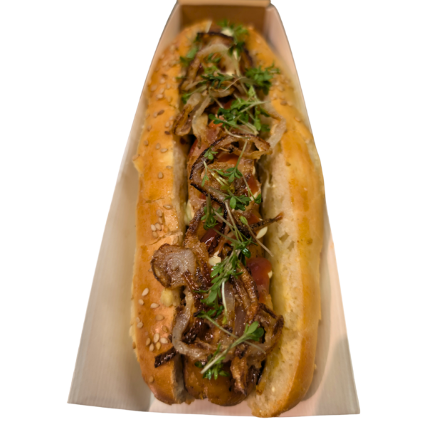 Boldogs: Vegan hot dog with hummus, homemade kimchi, herb mayo, black garlic BBQ sauce, and onion chips