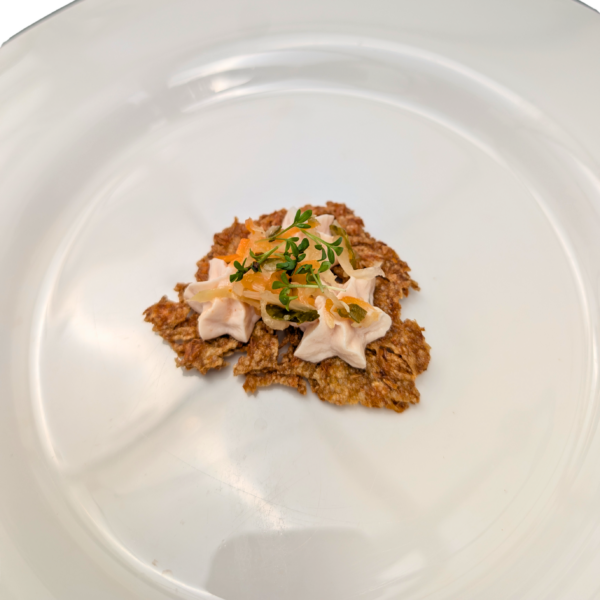 Barley Soup Chip: Puffed barley, smoked meat cream with horseradish, and fermented vegetables
