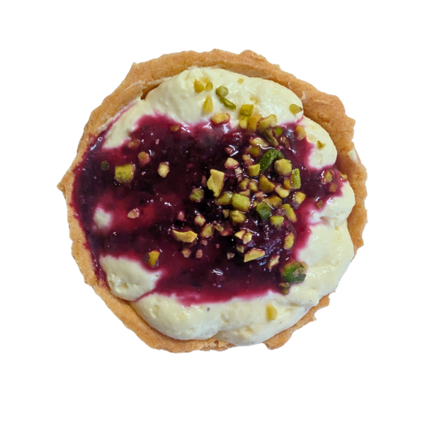 Miso caramel quark mousse in a tartlet with red berry compote made from wild berries