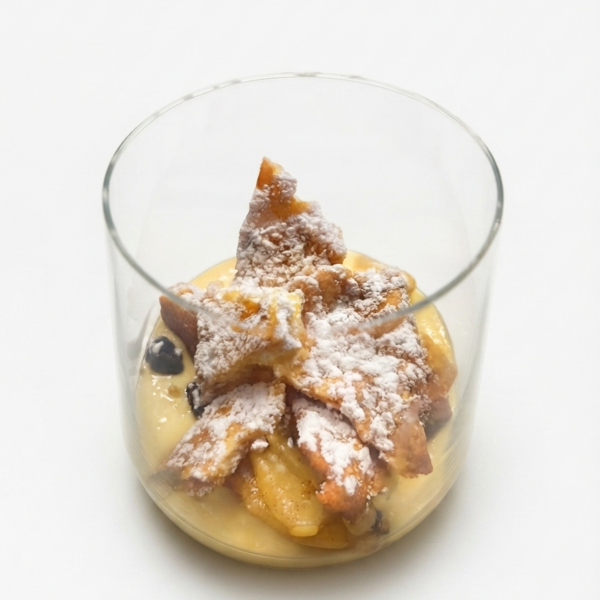 Strudel in a glass with caramelized apples and vanilla foam