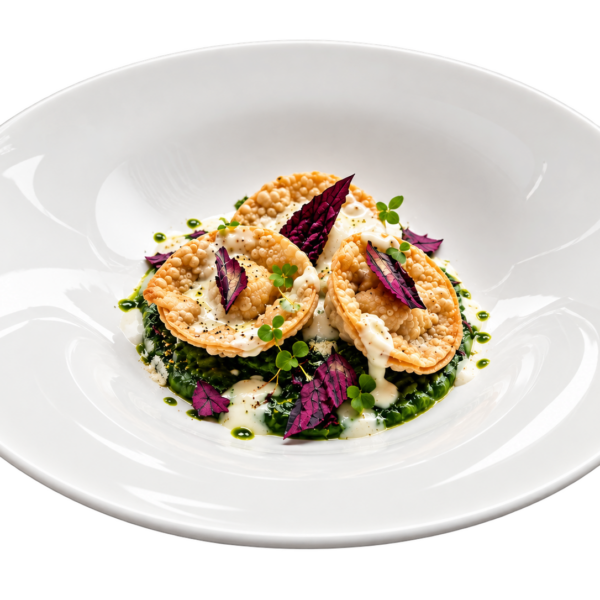 Gebackene Schlutzkrapfen mit Ricotta-Füllung, Spinatcreme Ronenchips, Almkäse fonduta